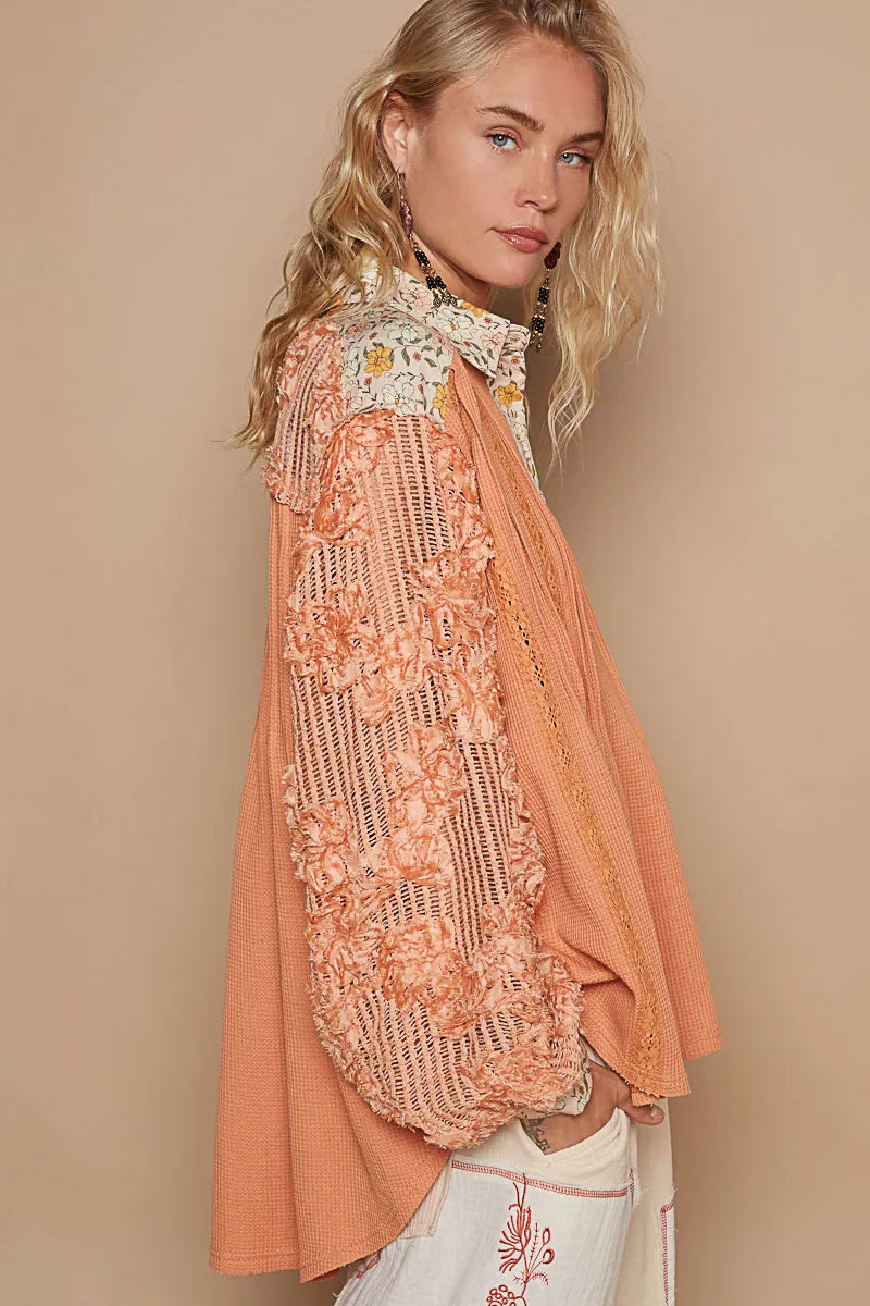 Floral Half Button Lace Detail Long Sleeve Top DJPT