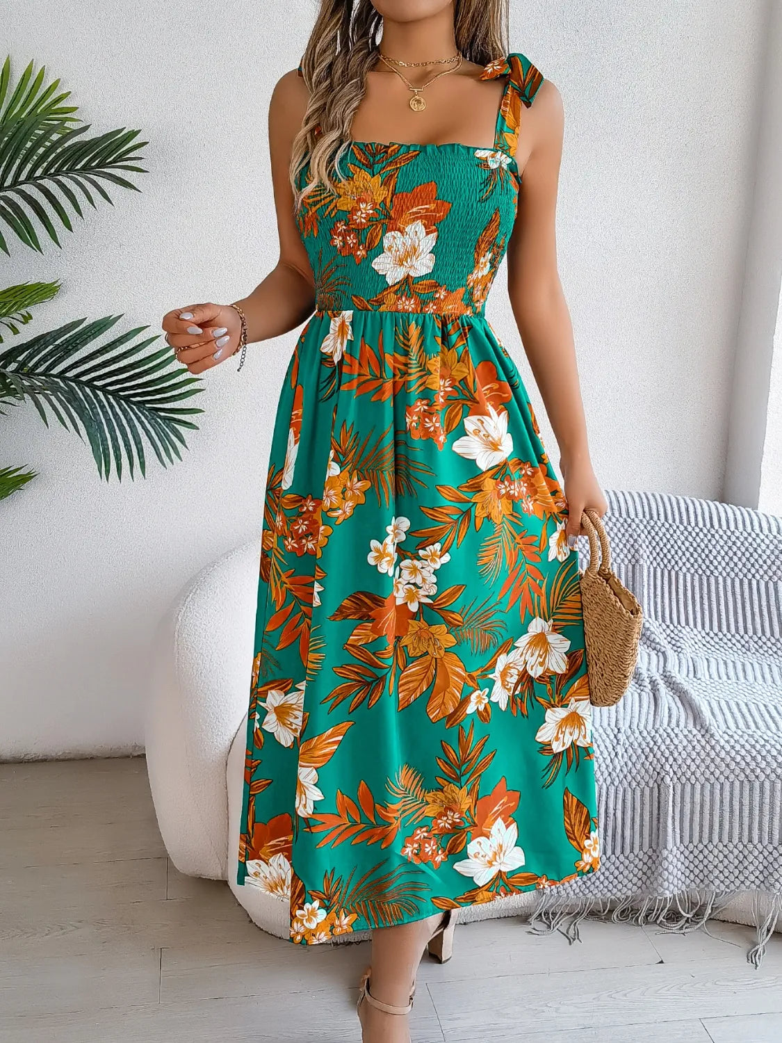 Floral Tie Shoulder Midi Dress DJPT