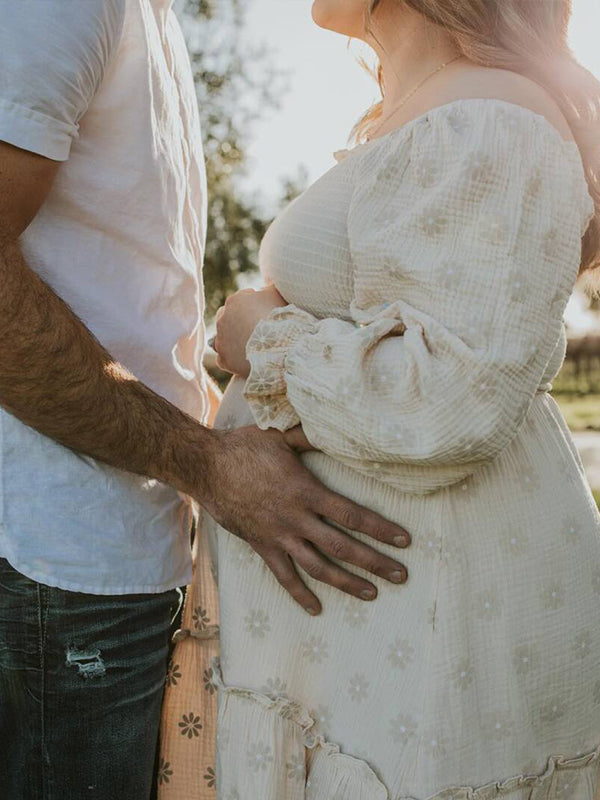 Apricot Daisy Print Smocked Off Shoulder Ruffle Big Swing Elegant Vacation Maternity Photoshoot Baby Shower Party Maxi Dress Maternity