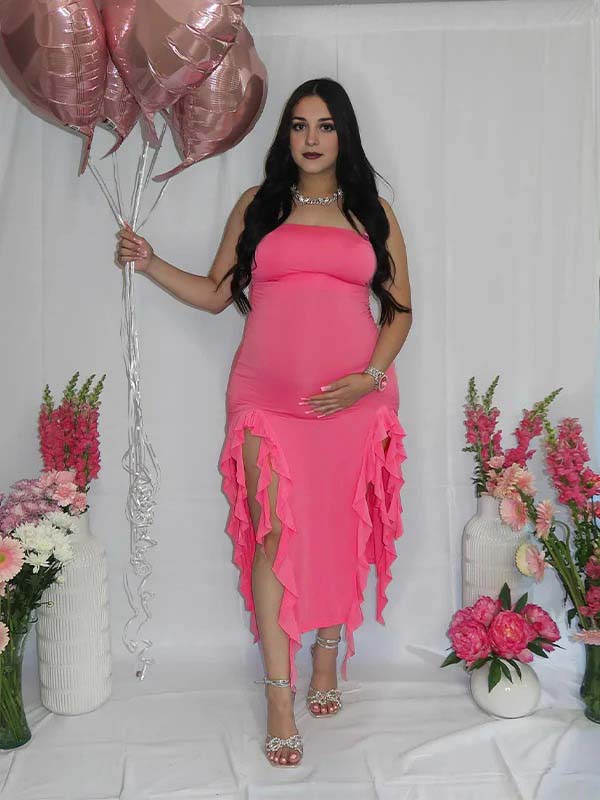 Rose Carmine Ruffle Slit Bodycon Fashion Party Photoshoot Babyshower Maternity Midi Dress Maternity