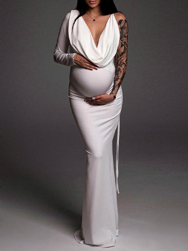 One Sleeve Backless Tie V-neck Bodycon Elegant Evening Photoshoot Gown Baby Shower Maternity Maxi Dress Maternity