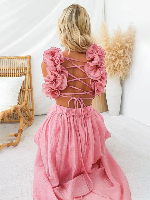 Pink Tulle Splicing Ruffle Pleated Tie Back V-Neck High Waist Cocktail Party Gowns Cute Baby Shower Maternity Maxi Dress Maternity