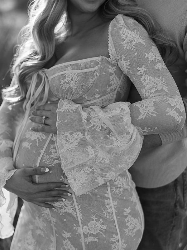 White Lace Corset Square Neck Flare Sleeve Off Shoulder Bodycon Elegant Cocktail Party Maternity Baby Shower Photoshoot Maxi Dress Maternity