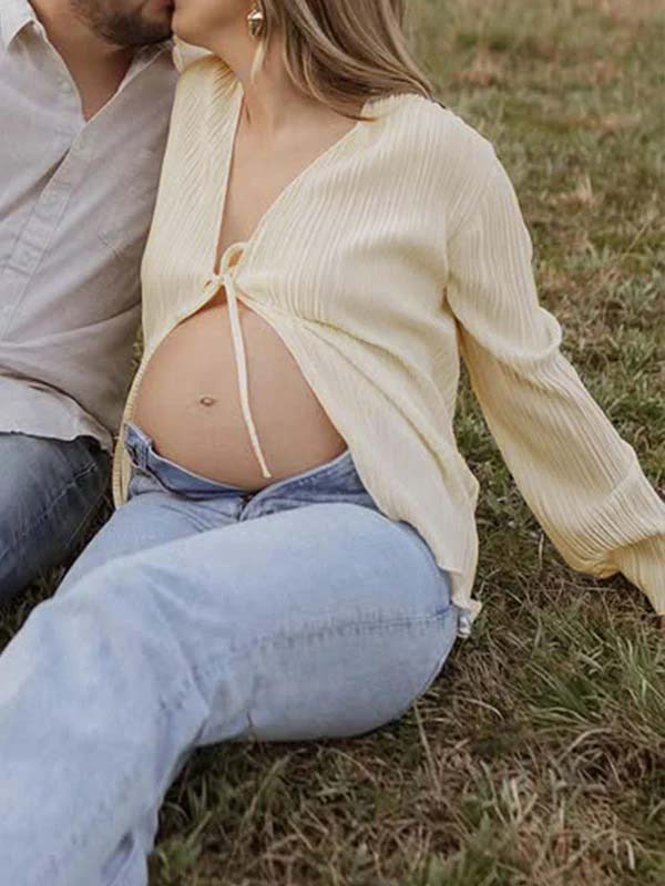 Beige lace-up Flare Sleeve Modern Fashion Maternity Photoshoot Blouse Maternity