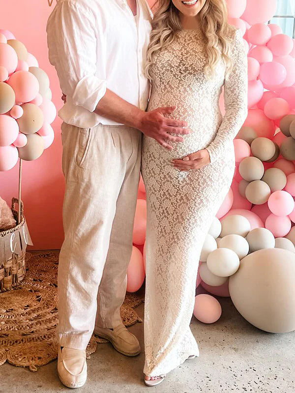 White Lace Sheer Bodycon Elegant Cocktail Party Maternity Baby Shower Maxi Dress Maternity