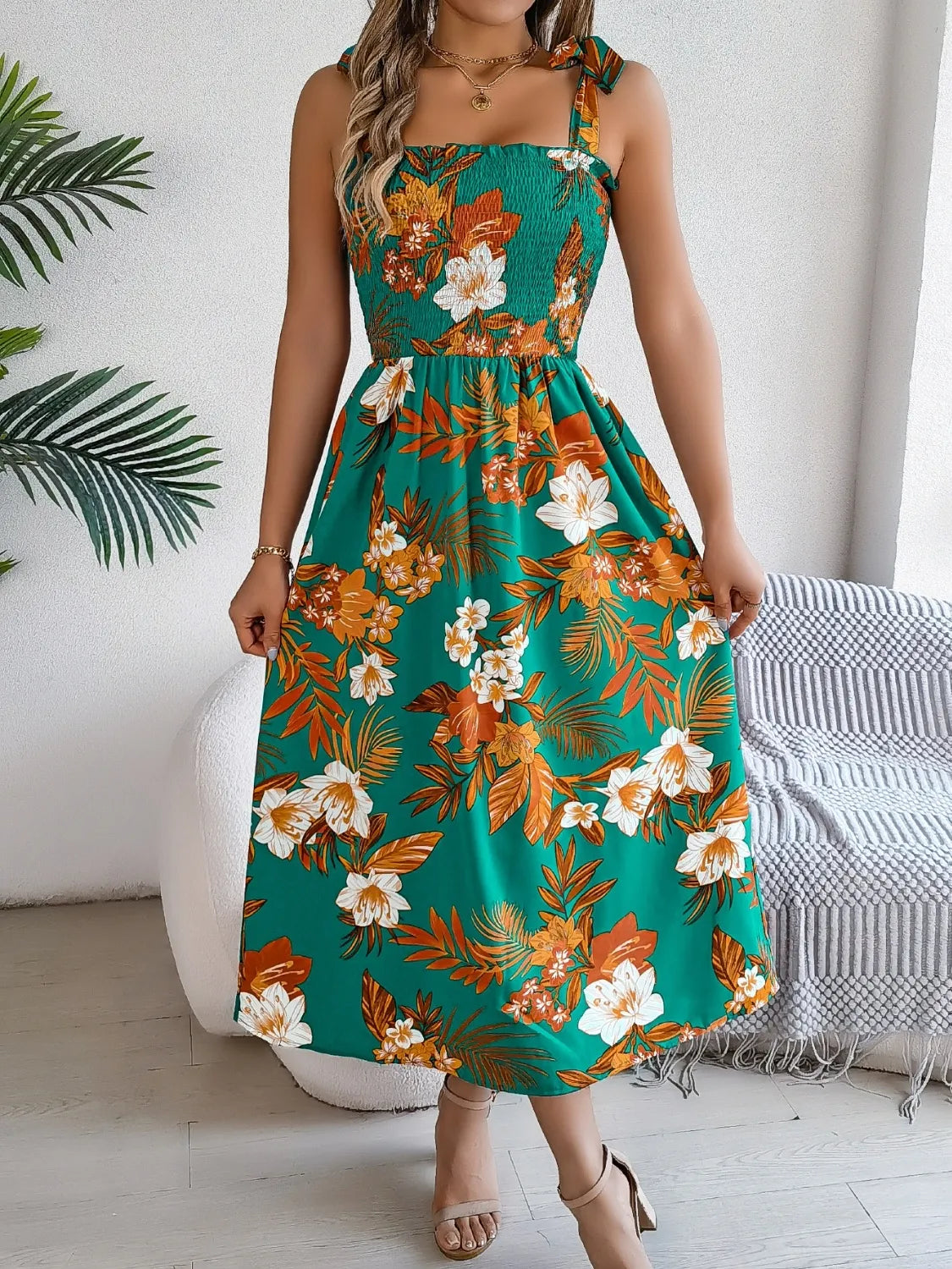 Floral Tie Shoulder Midi Dress DJPT