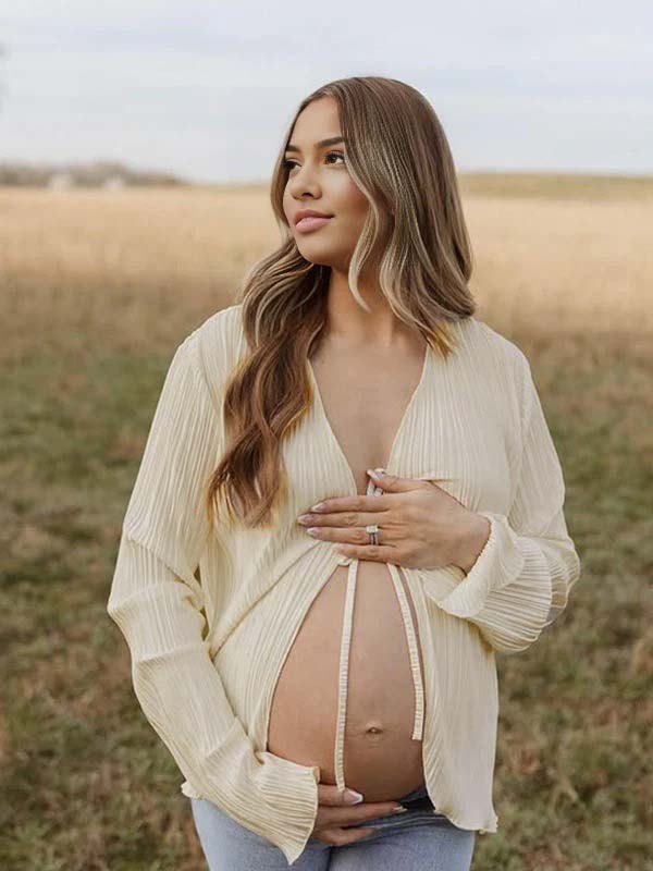 Beige lace-up Flare Sleeve Modern Fashion Maternity Photoshoot Blouse Maternity