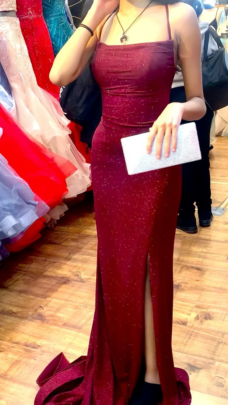 Sheath Spaghetti Straps Burgundy Slit Long Evening Dress Prom Dresses SD1731 HZ0628