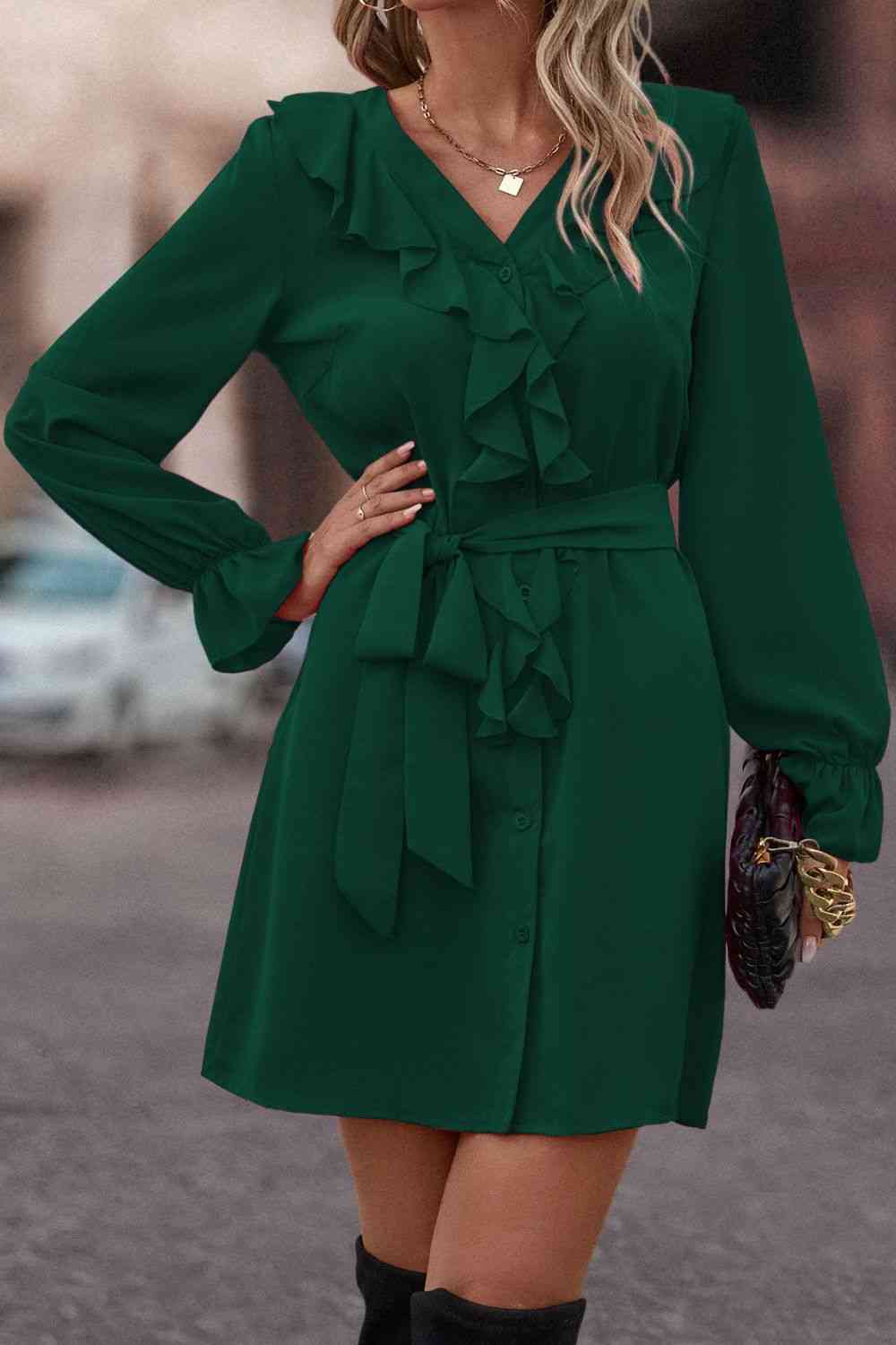 Flounce Sleeve V-Neck Belted Dress DJPT