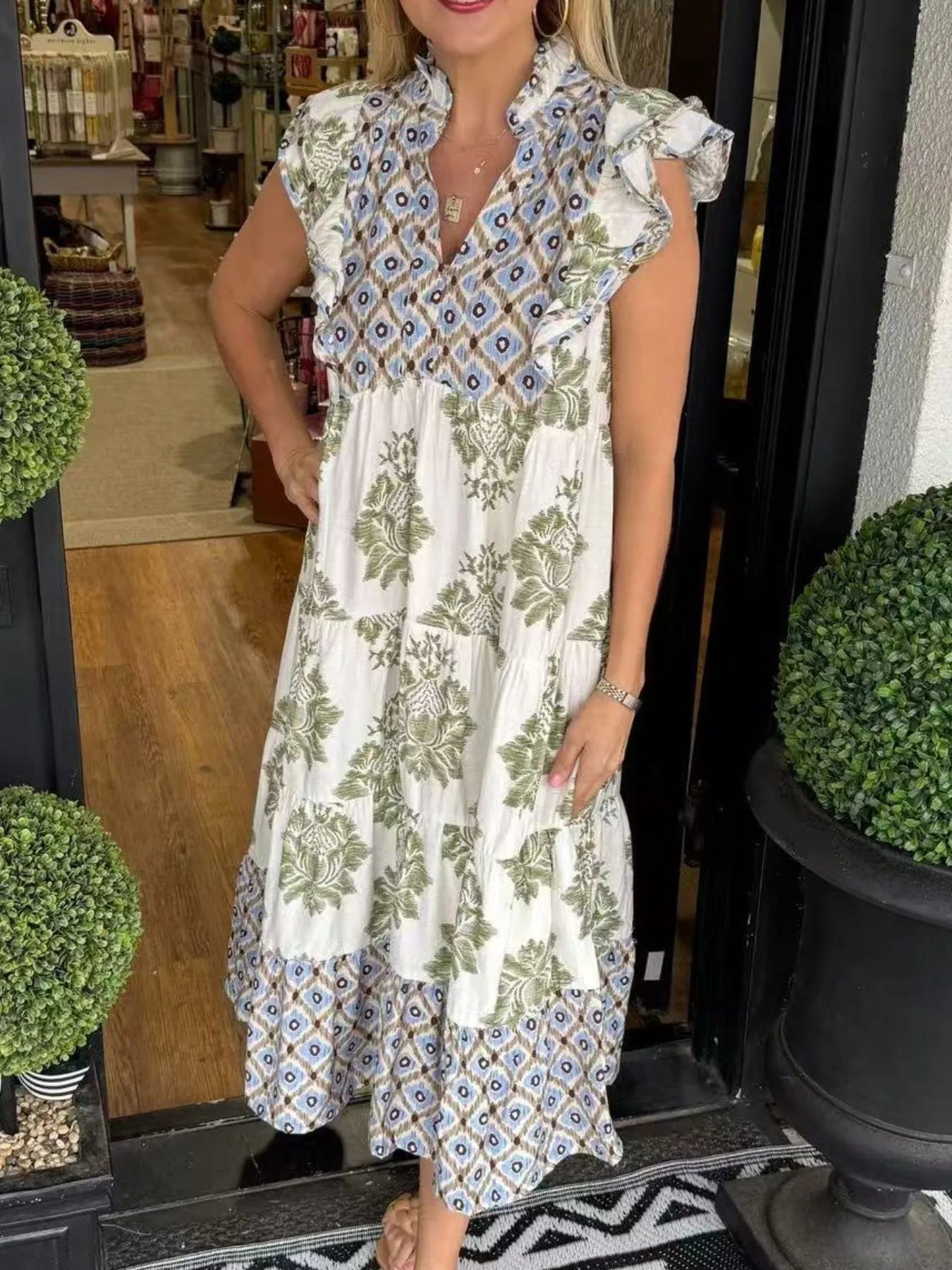 Notched Ruffled Cap Sleeve Dress DJPT