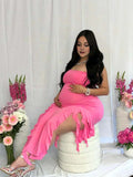 Rose Carmine Ruffle Slit Bodycon Fashion Party Photoshoot Babyshower Maternity Midi Dress Maternity