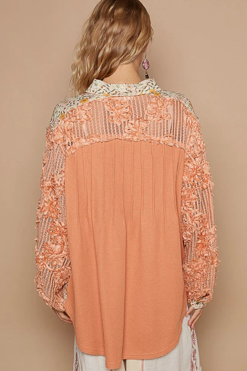 Floral Half Button Lace Detail Long Sleeve Top DJPT