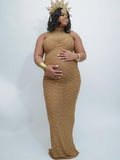 Gold Rhinestone Mesh Sleeveless Backless Photoshoot Bodycon Evening Plus Size Maternity Maxi Dress Maternity