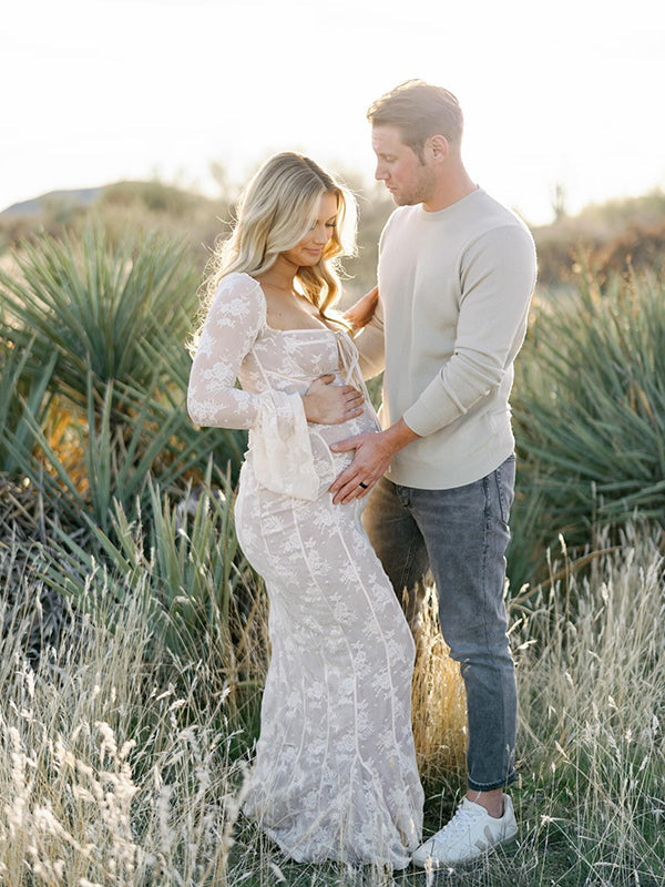 White Lace Corset Square Neck Flare Sleeve Off Shoulder Bodycon Elegant Cocktail Party Maternity Baby Shower Photoshoot Maxi Dress Maternity