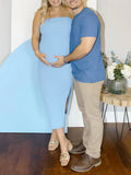 Blue Knit Bandeau Side Slit Strapless Bodycon Eleagnt Going Out Maternity Photoshoot Baby Shower Maxi Dress Maternity