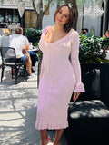 Pink Knit Falbala Ruffle Hem Single Breasted Flare Sleeve Bodycon Elegant Hoing Out Maternity Babyshower Maxi Sweater Dress Maternity