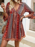 Trim Printed V-Neck 3/4 Sleeve Dress DJPT