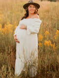 White Ruffle Ruched High Waist Puff Sleeve Cute Photoshoot Maternity Maxi Dress Maternity
