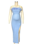 Spaghetti Strap Off Shoulder Feather Splicing Side Slit Bodycon Party Maternity Maxi Dress Maternity
