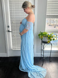 Solid Color Lace Off Shoulder Cap Sleeve Photoshoot Maternity Maxi Dress Maternity