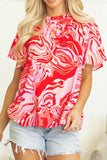 Print Ruffled Short Sleeve Mock Neck Blouse DJPT