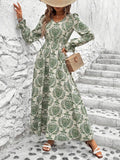 Printed V-Neck Flounce Sleeve Dress DJPT
