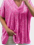 Size Sequin V-Neck Short Sleeve Top DJPT