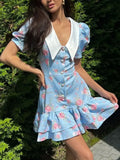 Print Button-Front Ruffle Hem Dress DJPT