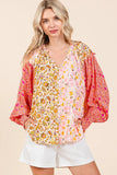 Mixed Patchwork Print Long Sleeve Blouse DJPT