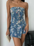 Print Strapless Top and Skort Denim Set DJPT