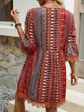 Trim Printed V-Neck 3/4 Sleeve Dress DJPT
