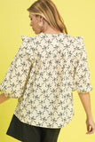 Ruffled Bow Print Notched Blouse DJPT