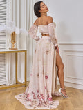 Two Piece Boho Flower Printing Off Shoulder Chiffon Crop Bandeau Photoshoot Maternity Maxi Dress Maternity