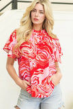 Print Ruffled Short Sleeve Mock Neck Blouse DJPT