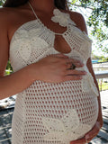 Crochet Hollow Out 3D Flowes Cut Out Halter Neck Cami Bodycon Elegant Baby Moon Beach Maternity Photoshoot Baby Shower Maxi Dress Maternity