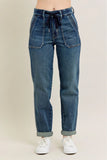Blue Full Size HW Vintage Wash Jeans w/ Drawstring Plus Size DJPT