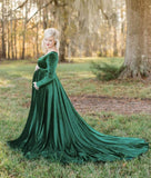 And Winter 2025 Women's Gold Velvet Pregnant Woman V-Necked Tail Dress Photo Dress 1937 Maternity