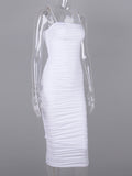 White Spaghetti Strap Bandeau Backless Ruffle Bodycon Cute Baby Shower Maternity Midi Dress Maternity
