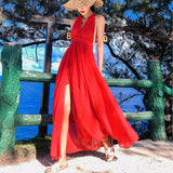 Seaside Resort Beach Dress 2025 New Skinny Back Hanging Neck Dress Red Open Fork Dress Fairy
