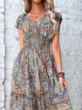 Size Printed V-Neck Short Sleeve Midi Dress DJPT