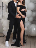 Black Off Shoulder Side Slit Bodycon Baby Shower Photoshoot Gown Maternity Maxi Dress Maternity