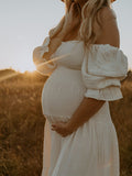 White Ruffle Ruched High Waist Puff Sleeve Cute Photoshoot Maternity Maxi Dress Maternity
