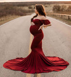 Women's Silk Cotton Pregnant Women Lotus Leaf Sleeves Cross V-Neck Tail Dress Photo Dress 1932 Maternity