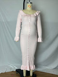 Pink Knit Falbala Ruffle Hem Single Breasted Flare Sleeve Bodycon Elegant Hoing Out Maternity Babyshower Maxi Sweater Dress Maternity