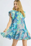 Printed Ruffle Cap Sleeve Mini Dress DJPT