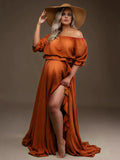 Solid Color Off Shoulder Backless Ruffle Crop Side Slit 2-in-1 Photoshoot Maternity Maxi Dress Maternity