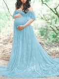 Solid Color Lace Off Shoulder Cap Sleeve Photoshoot Maternity Maxi Dress Maternity