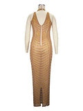 Gold Rhinestone Mesh Sleeveless Backless Photoshoot Bodycon Evening Plus Size Maternity Maxi Dress Maternity