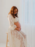 Boho Lace Off Shoulder Lace Tassel Crop 2-in-1 Side Slit Ruffle Photoshoot Maternity Maxi Dress Maternity