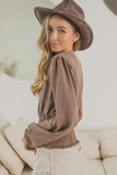 Smoking Waist Band and Puff Sleeves Deep V Neck Top DJPT